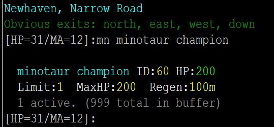 In-game screenshot showing the MN command output for a minotaur champion: ID 60, HP 200, Limit 1, MaxHP 200, Regen 100m, 1 active with 999 total in buffer.