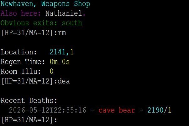 In-game screenshot showing the RM command output (Map 2141, Room 1, Regen 0m 0s, Room Illu 0) and the DEA command showing a recent death by cave bear at room 2190/1 with timestamp.